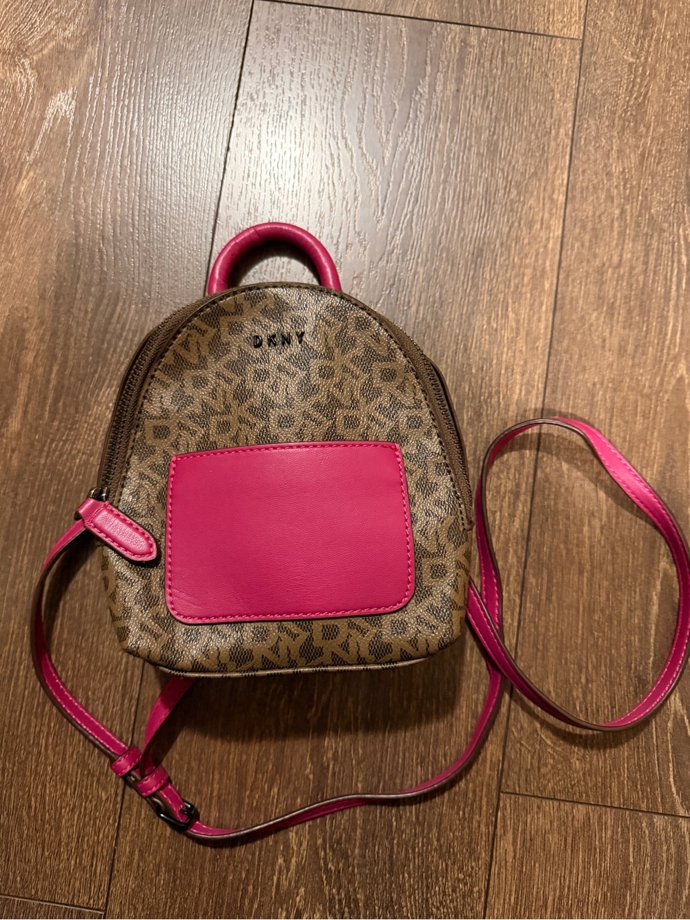 DKNY Brown Monogram Mini Backpack with Hot Pink Accents Rare